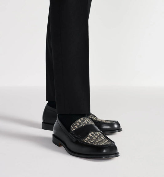 CHRISTIAN DIOR || Granville Loafer Black Smooth Calfskin With Beige and Black Dior Oblique Jacquard- FASHION MYST