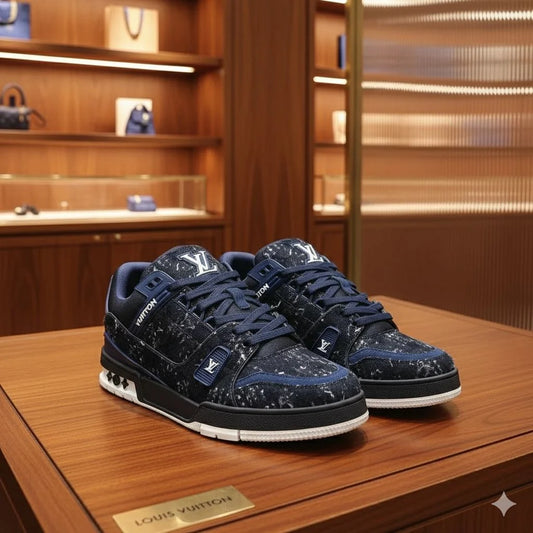 LOUIS VUITTON || Men's LV Trainer Blue Distressed Denim Low-Top Sneakers