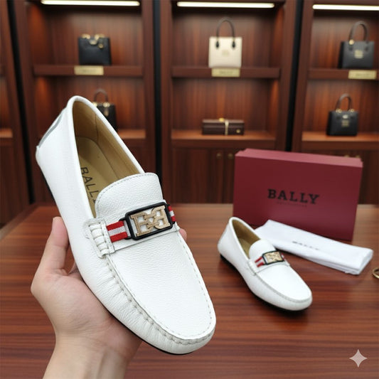 BALLY || White Textured Calfskin Moccasins with B-Chain Hardware & Bally Stripe