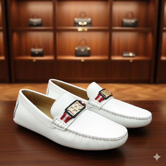 BALLY || White Textured Calfskin Moccasins with B-Chain Hardware & Bally Stripe
