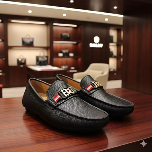 BALLY || Black/Blue Textured Calfskin Moccasins with B-Chain Hardware & Bally Stripe