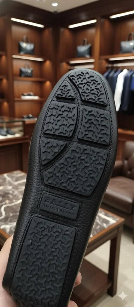 BALLY || Black/Blue Textured Calfskin Moccasins with B-Chain Hardware & Bally Stripe