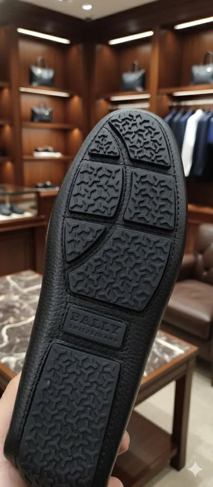 BALLY || Black/Blue Textured Calfskin Moccasins with B-Chain Hardware & Bally Stripe