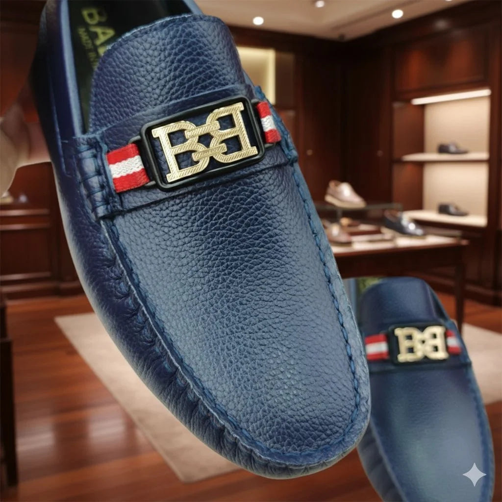 BALLY || Black/Blue Textured Calfskin Moccasins with B-Chain Hardware & Bally Stripe