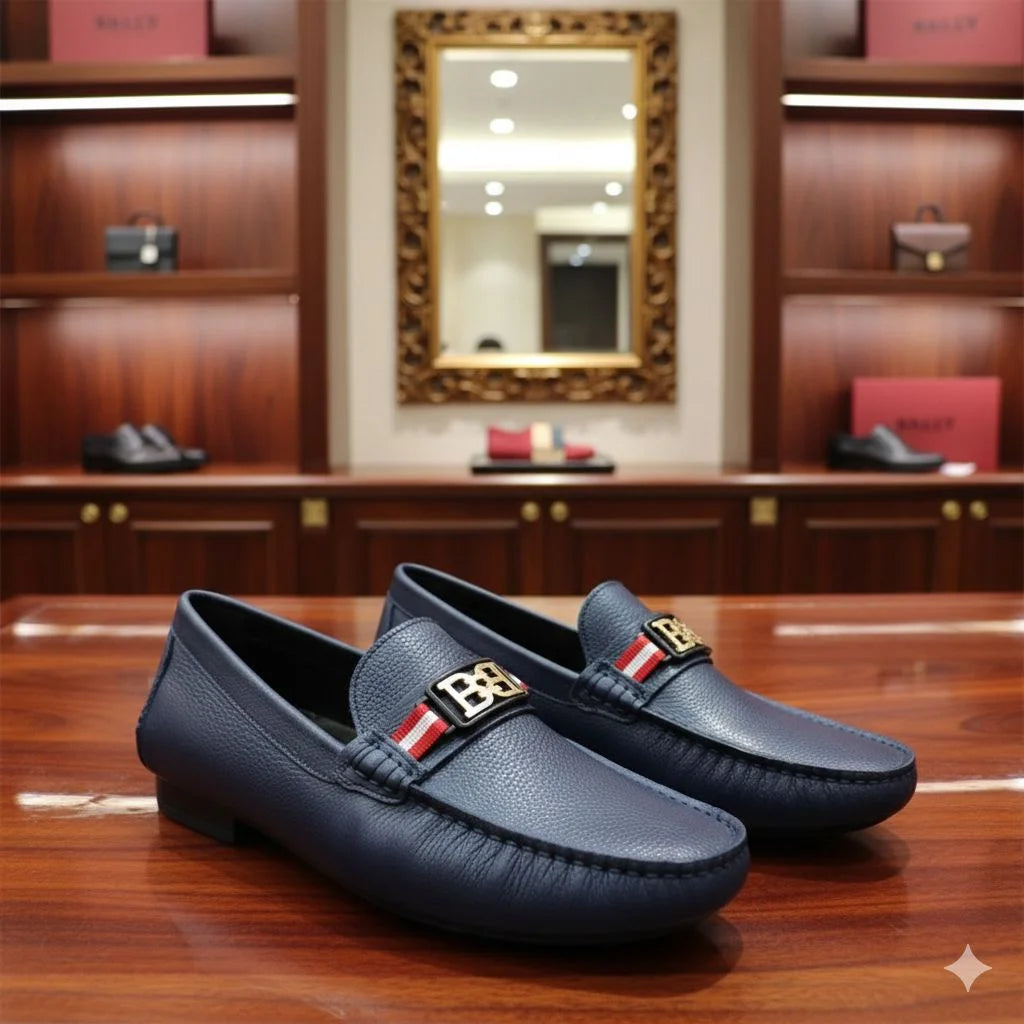 BALLY || Black/Blue Textured Calfskin Moccasins with B-Chain Hardware & Bally Stripe