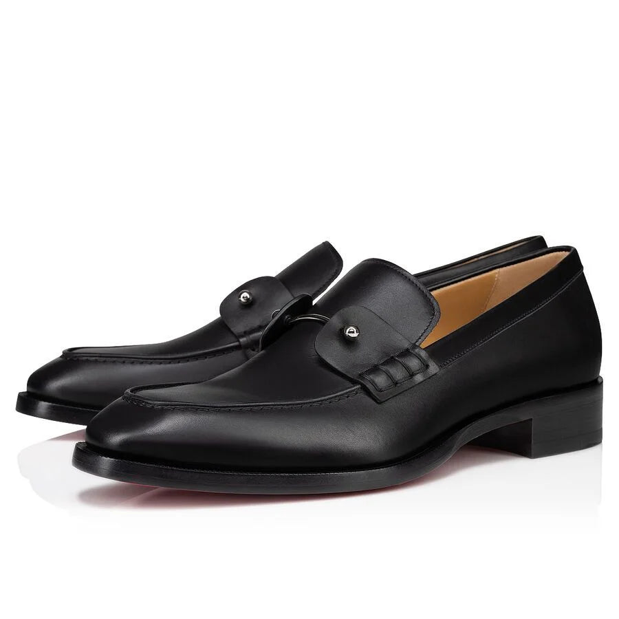 CHRISTIAN LOUBOUTIN || Black Calfskin Leather Loafers with Signature Red Sole