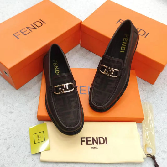 FENDI || FF Fabric and Brown Leather Loafers with Silver-Tone O'Lock Hardware