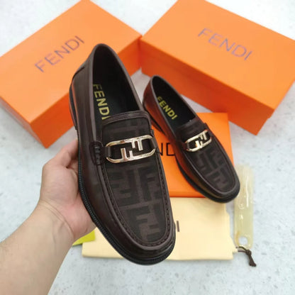 FENDI || FF Fabric and Brown Leather Loafers with Silver-Tone O'Lock Hardware