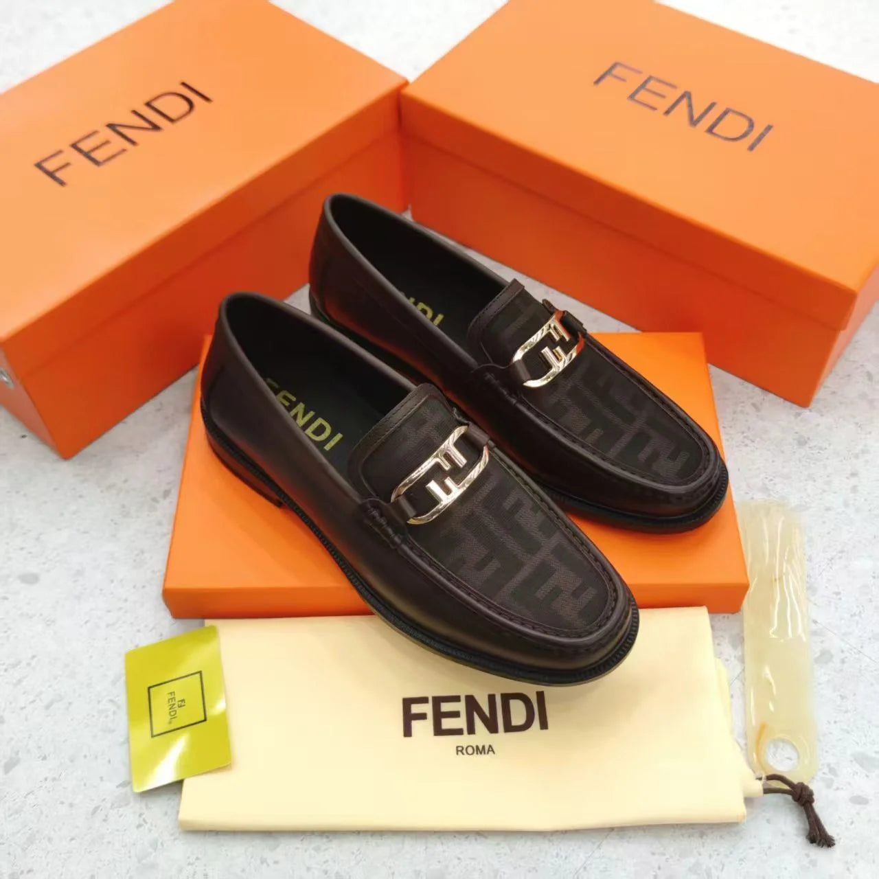 FENDI || FF Fabric and Brown Leather Loafers with Silver-Tone O'Lock Hardware