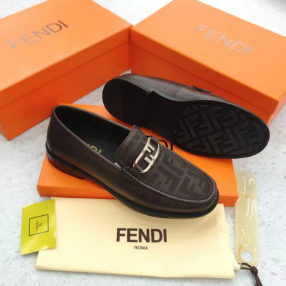 FENDI || FF Fabric and Brown Leather Loafers with Silver-Tone O'Lock Hardware