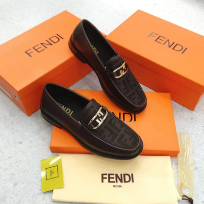 FENDI || FF Fabric and Brown Leather Loafers with Silver-Tone O'Lock Hardware