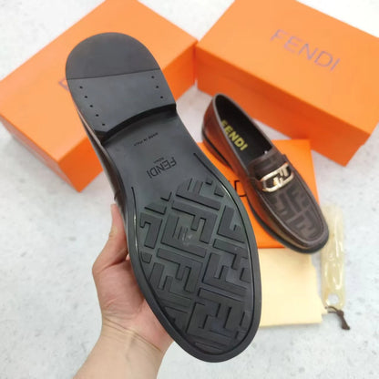 FENDI || FF Fabric and Brown Leather Loafers with Silver-Tone O'Lock Hardware