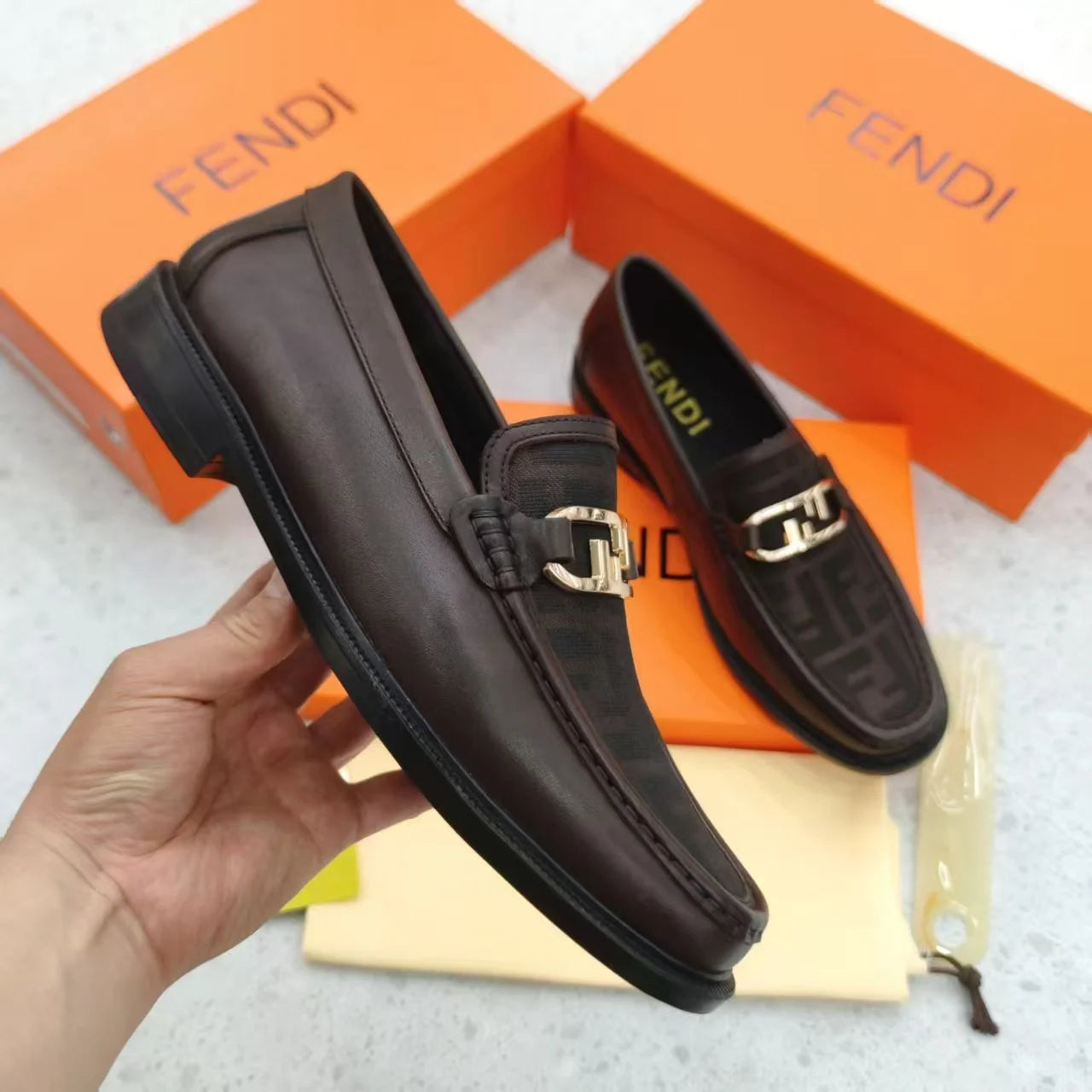 FENDI || FF Fabric and Brown Leather Loafers with Silver-Tone O'Lock Hardware