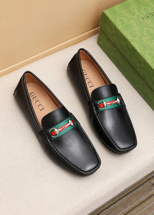GUCCI || Men's Horsebit Web Loafers - Black Leather with Green/Red Stripe