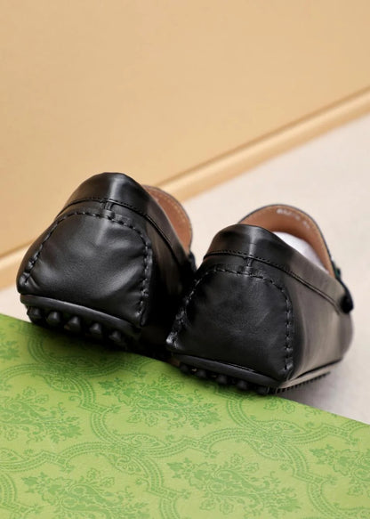 GUCCI || Men's Horsebit Web Loafers - Black Leather with Green/Red Stripe