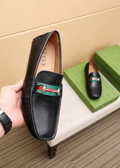 GUCCI || Men's Horsebit Web Loafers - Black Leather with Green/Red Stripe