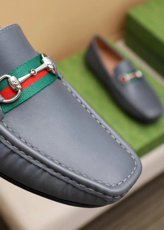 GUCCI || Men's Horsebit Web Loafers - Grey Leather with Green/Red Stripe