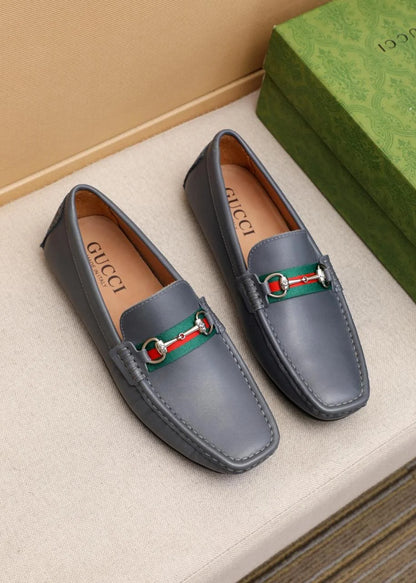 GUCCI || Men's Horsebit Web Loafers - Grey Leather with Green/Red Stripe