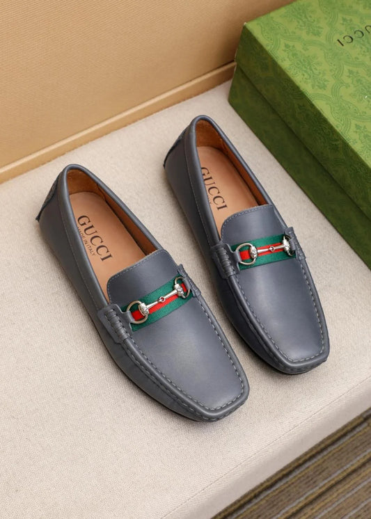 GUCCI || Men's Horsebit Web Loafers - Grey Leather with Green/Red Stripe