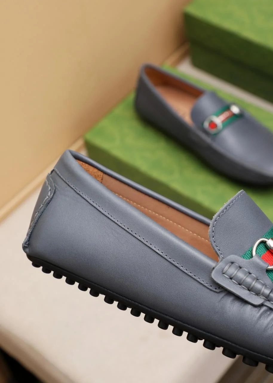 GUCCI || Men's Horsebit Web Loafers - Grey Leather with Green/Red Stripe