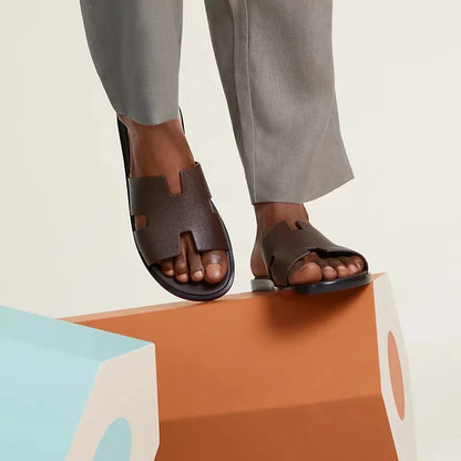 HERMES || Men’s Izmir Leather Slides - Dark Brown/Chocolate
