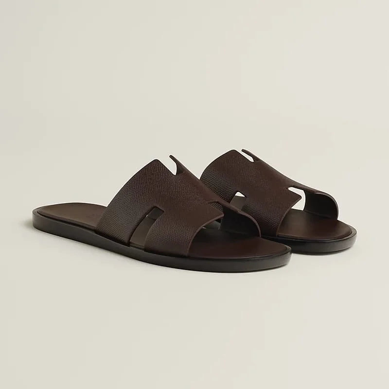 HERMES || Men’s Izmir Leather Slides - Dark Brown/Chocolate