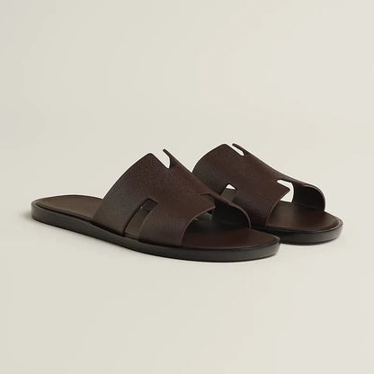 HERMES || Men’s Izmir Leather Slides - Dark Brown/Chocolate