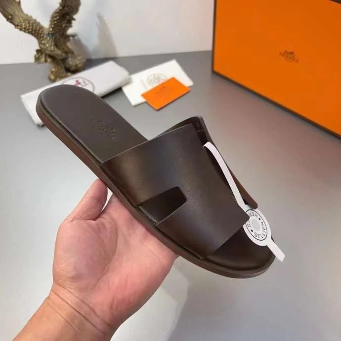 HERMES || Men’s Izmir Leather Slides - Dark Brown/Chocolate