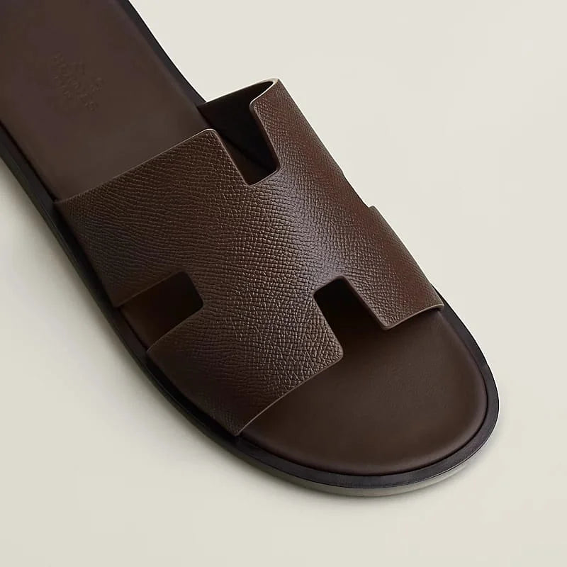 HERMES || Men’s Izmir Leather Slides - Dark Brown/Chocolate