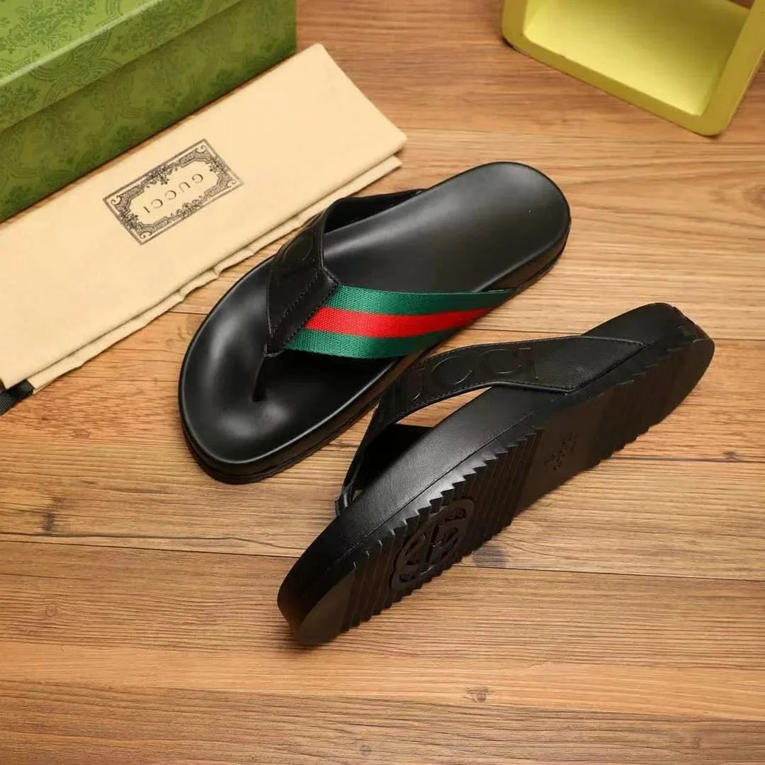 GUCCI || Men's Web Stripe Leather Thong Sandals - Black