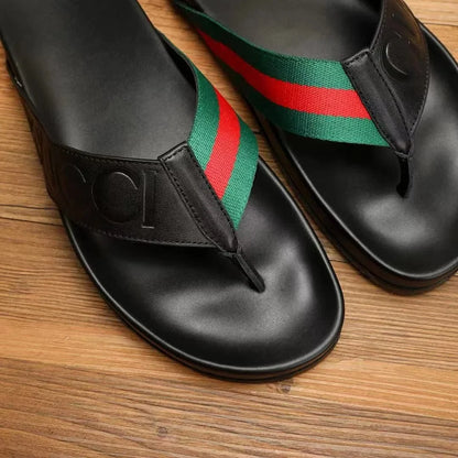 GUCCI || Men's Web Stripe Leather Thong Sandals - Black