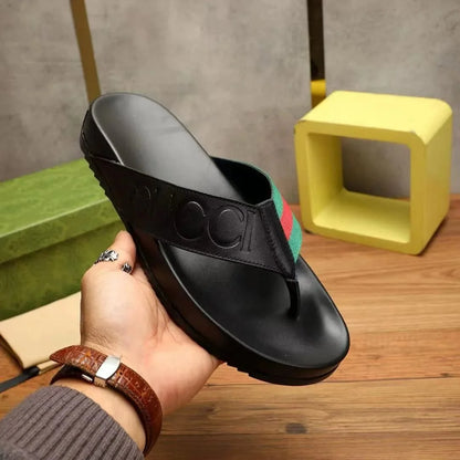 GUCCI || Men's Web Stripe Leather Thong Sandals - Black