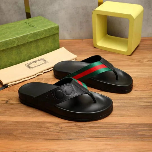 GUCCI || Men's Web Stripe Leather Thong Sandals - Black