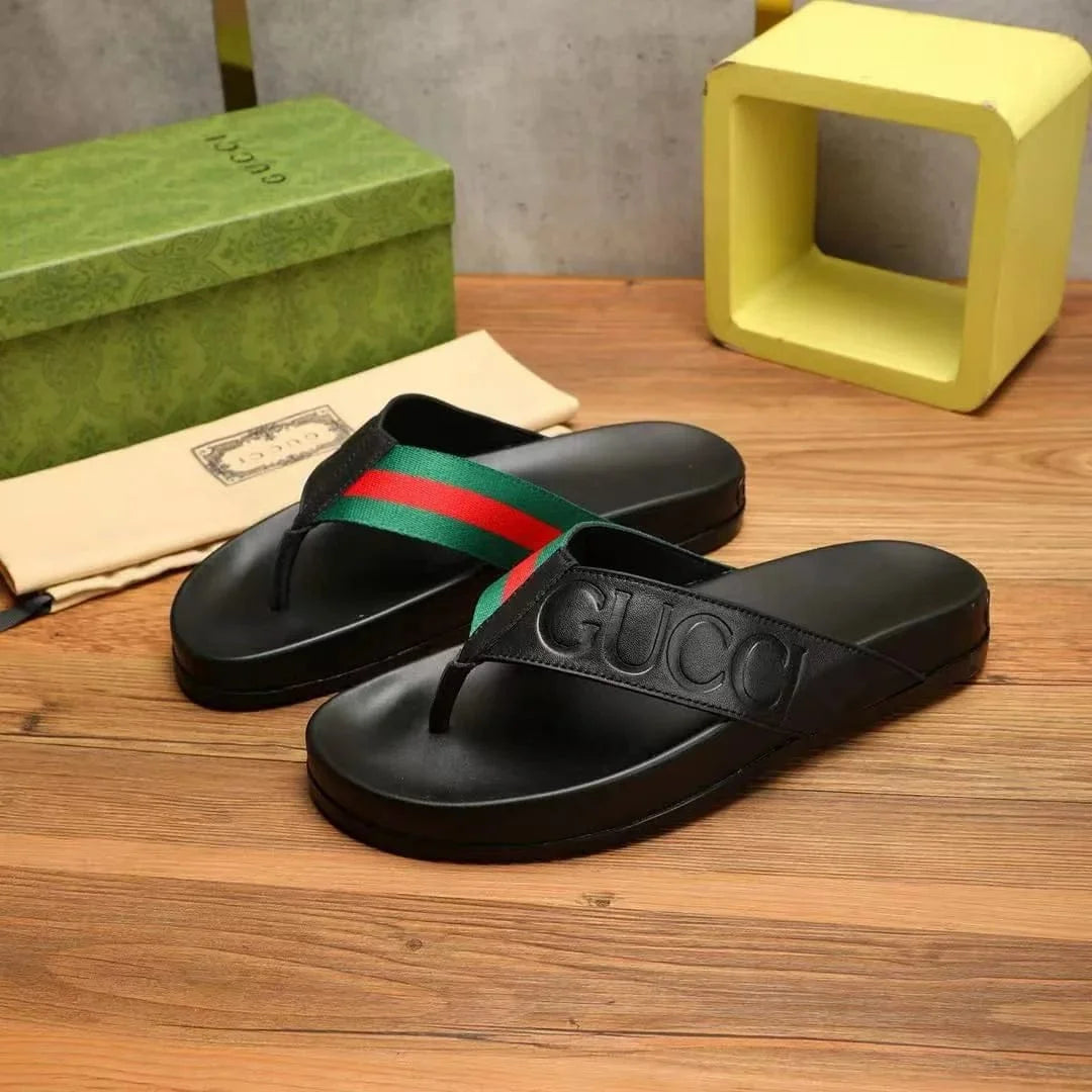 GUCCI || Men's Web Stripe Leather Thong Sandals - Black