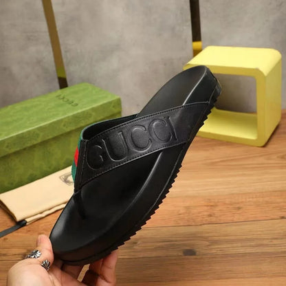 GUCCI || Men's Web Stripe Leather Thong Sandals - Black