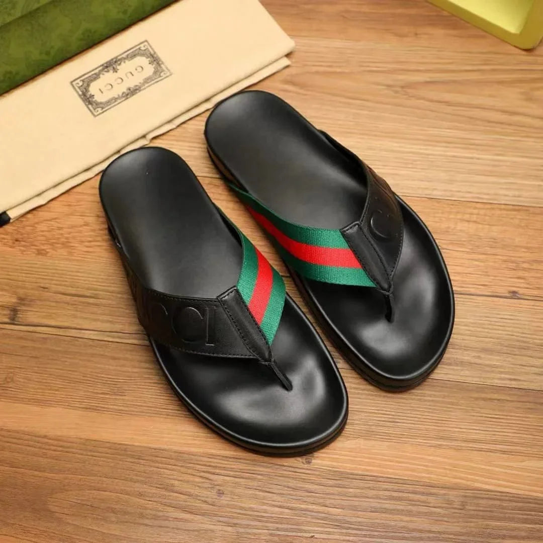 GUCCI || Men's Web Stripe Leather Thong Sandals - Black