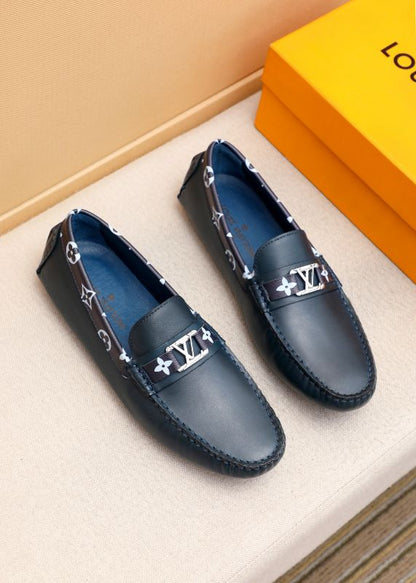 LOUIS VUITTON || Monogram Trim Leather Moccasin Loafers – Navy