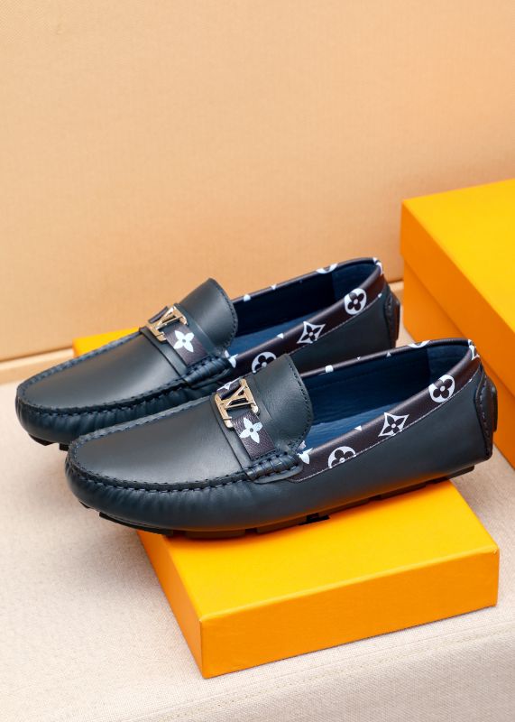 LOUIS VUITTON || Monogram Trim Leather Moccasin Loafers – Navy