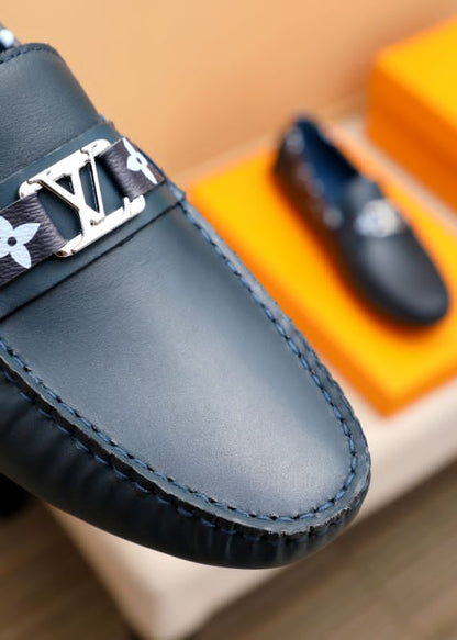 LOUIS VUITTON || Monogram Trim Leather Moccasin Loafers – Navy