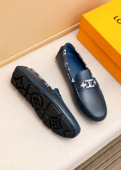 LOUIS VUITTON || Monogram Trim Leather Moccasin Loafers – Navy