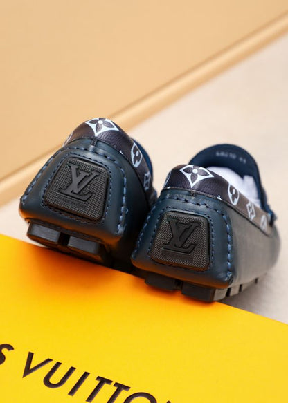 LOUIS VUITTON || Monogram Trim Leather Moccasin Loafers – Navy