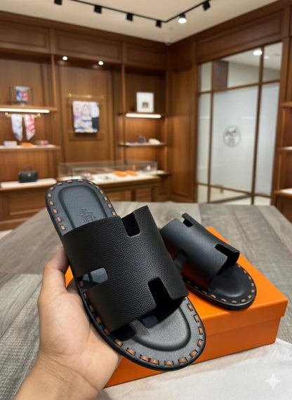 HERMES || Chypre Black Epsom Calfskin Sandals with Contrast Stitching