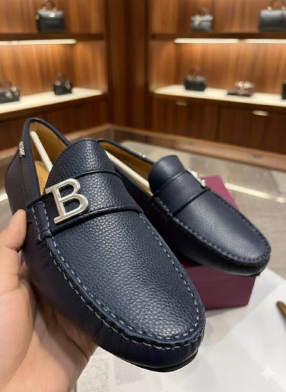 BALLY || Men's Navy Grained Leather Loafers with Silver B-Logo