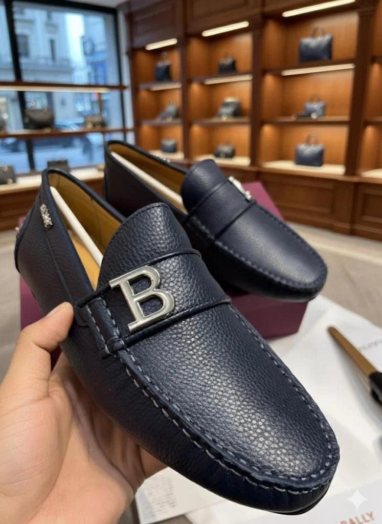 BALLY || Men's Navy Grained Leather Loafers with Silver B-Logo