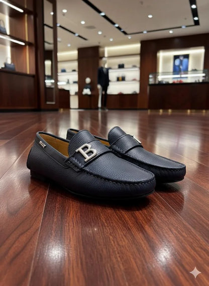 BALLY || Men's Navy Grained Leather Loafers with Silver B-Logo