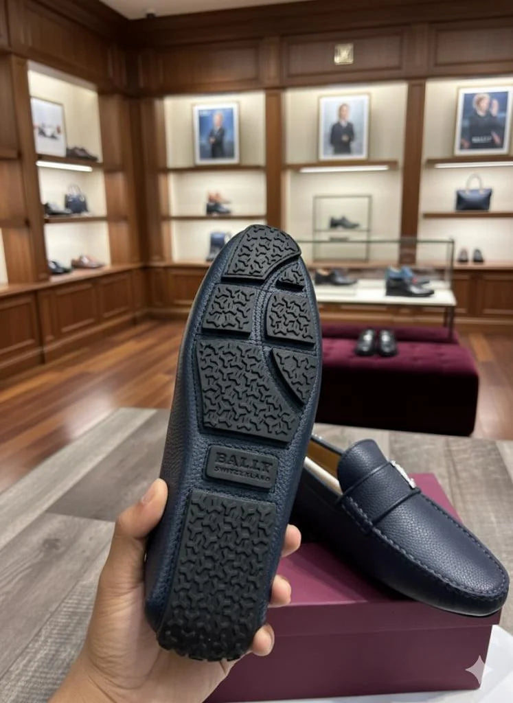 BALLY || Men's Navy Grained Leather Loafers with Silver B-Logo