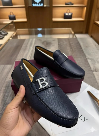 BALLY || Men's Navy Grained Leather Loafers with Silver B-Logo