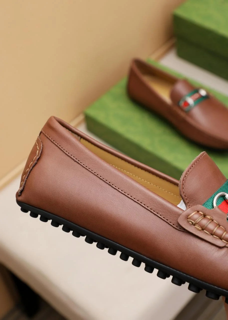 GUCCI || Men's Horsebit Web Loafers - Brown Leather with Green/Red Stripe - FASHION MYST
