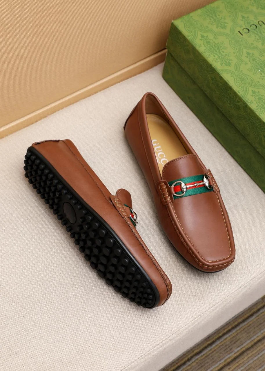 GUCCI || Men's Horsebit Web Loafers - Brown Leather with Green/Red Stripe - FASHION MYST