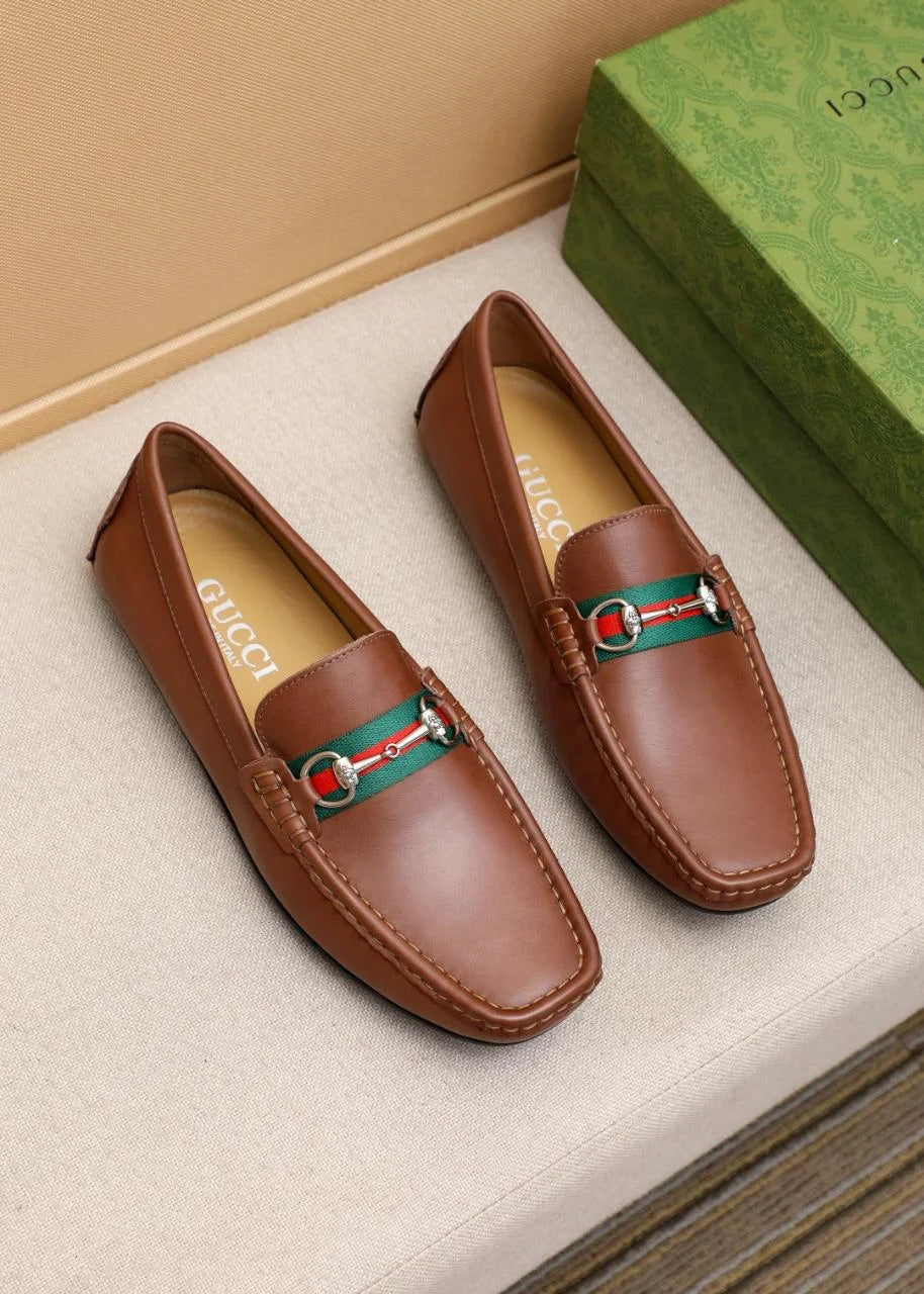 GUCCI || Men's Horsebit Web Loafers - Brown Leather with Green/Red Stripe - FASHION MYST